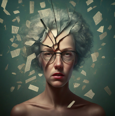 Image created with Google Gemini AI, February 16, 2024. Prompt: List of concerns and limitations of AI. The resulting image from this prompt is a portrait/headshot of a woman wearing glasses with short gray hear, and she is surrounded by chaotic, flying scraps of paper.